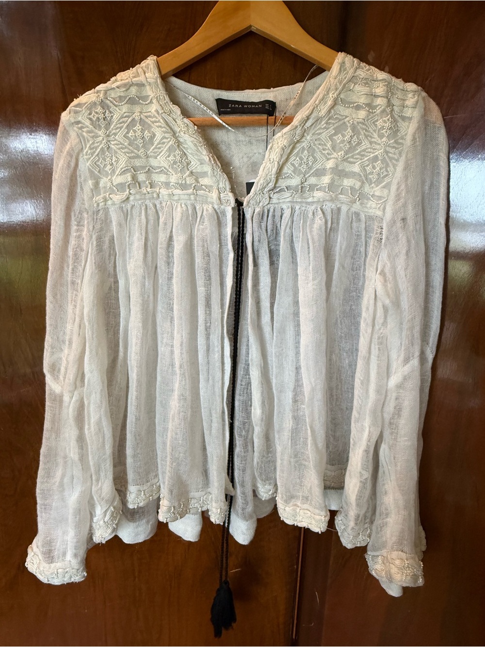 NWT Zara Woman Ivory Embroidered Beaded Tassel Jacket L Flawed